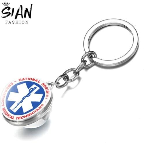 SIAN Emergency Medical Technician Paramedic Symbol Keyring Glass Cabochon Dome Gift Keychains Girl Keyholder Car Bag Accessories
