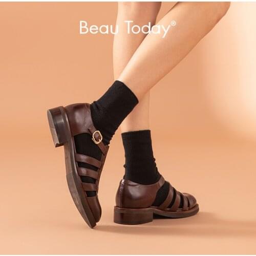 BeauToday Flat Sandals Gladiator Women Cow Leather Waxing Cover Round Toe Hollow Weave Summer Shoes for Women Handmade 33053