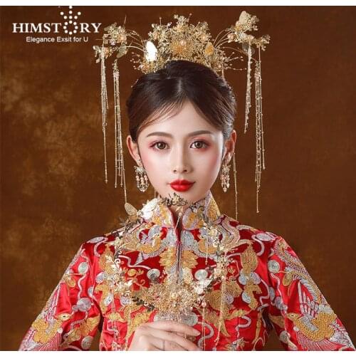 HIMSTORY Traditional Chinese Bridal Headdress Ancient Gold Butterfly Long Tassel Luxury Hair Sticks Beaded Wedding Accessories