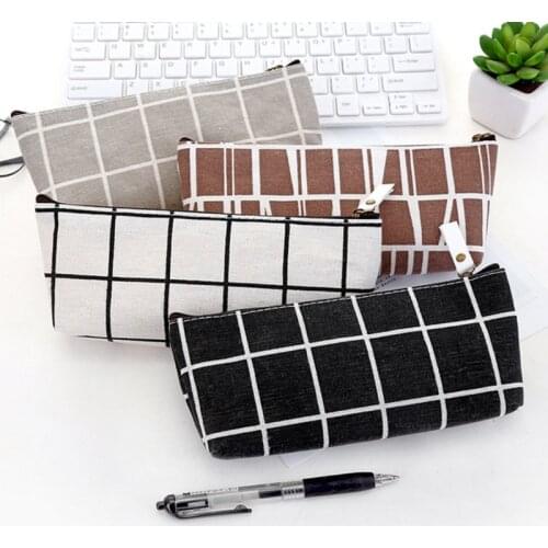 Home Canvas Geometric Pencil Bag Case School Simple Striped Grid Solid Color Pencil Bag Case Pouch Office Students