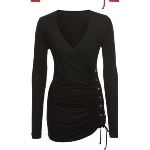 Lace Up Bandage Pleated Women long sleeve Red Black vneck Sexy Bodycon Dress Night Club Short Party Dresses
