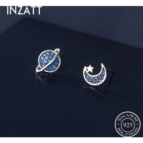 INZATT Real 925 Sterling Silver Blue Zircon Moon Stud Earrings For Fashion Women Party punk Fine Jewelry Asymmetry Accessories