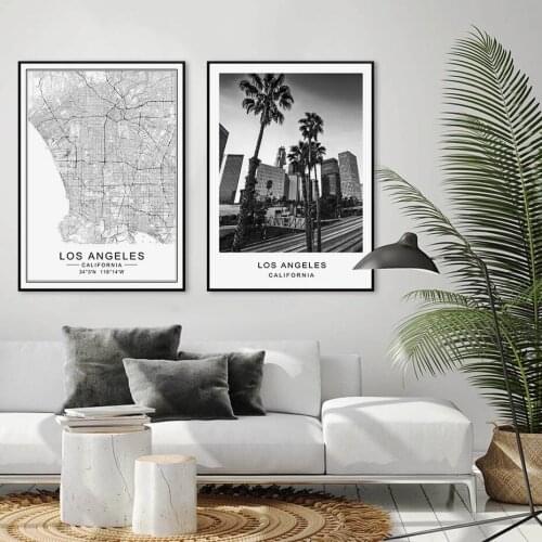 Los Angeles City Map Modern Building Poster Landscape Canvas Painting Print Black White Wall Pictures Living Room Home Decor