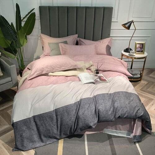 Papa&Mima Pink Grey Stripes Brushed Sanding Cotton Bedding Set Printed Thick Linens Fitted Sheet Pillowcase Duvet Cover