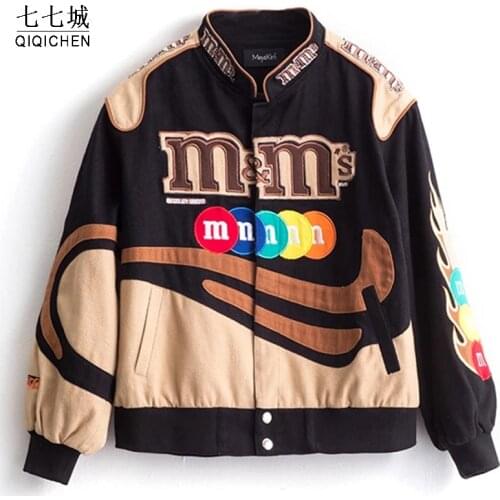 Embroidery Patch M Jacket Women Men Harajuku Hip Hop Short College Coat Couple Spring Causal Slim Varsity Jackets Streetwear