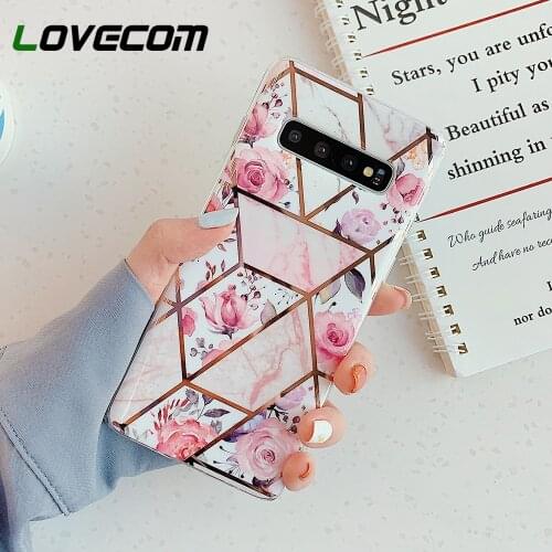 LOVECOM Electroplated Geometric Pink Flower Phone Case For Samsung S20 Ultra S10 S9 Plus Note 10 A50 A51 A70 Soft IMD Back Cover