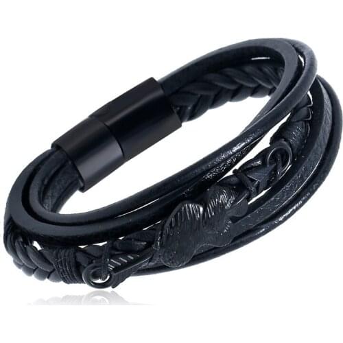 New Style Black Stainless Steel Magnet Buckle Mens Leather Bracelet Double Student Jewelry Leather Bracelet