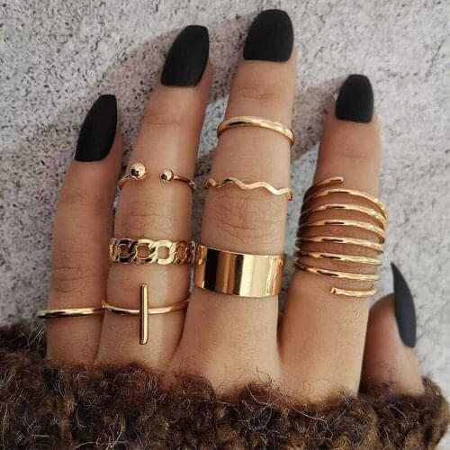 8 Pcs/Set Women Gold Rings Set Bohemian Cross Wave Round Geometric Multilayer Ring Fashion Party Banquet Jewelry