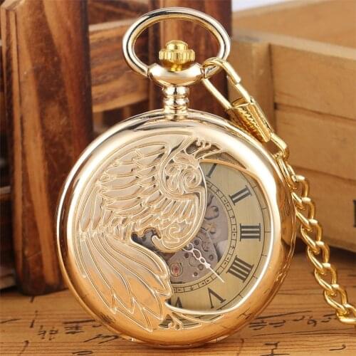 Half Cover Silver/Gold Wings Mechanical Pocket Watches Roman/Arabic Numerals Dial Vintage Pendant Mechanical Watch Fob Chain
