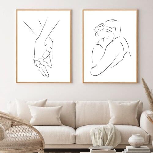 Line Drawing Couple Hand Hug Abstract Posters Wall Art Canvas Print Black White Simple Painting Decorative Pictures for Bedroom