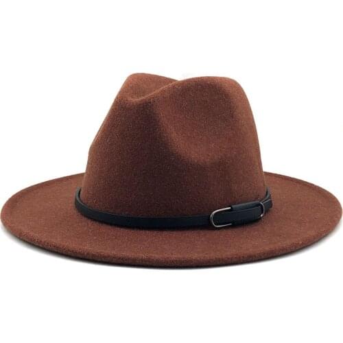 New Women Men Wool Fedora Hat With Leather Ribbon Gentleman Elegant Lady Winter Autumn Wide Brim Jazz Church Panama Sombrero Cap