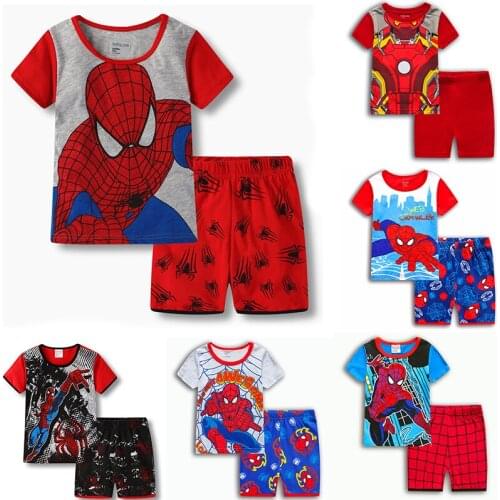 New Disney Avengers Spider-Man Childrens Pajama Set for Boys and Girls Cartoon Comfortable Round Neck Short Sleeve Homewear