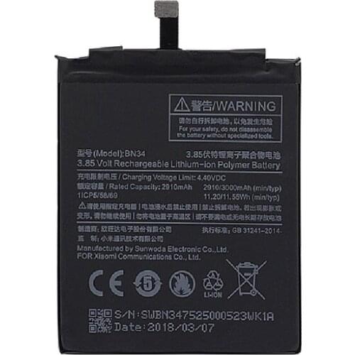 Original antirr Phone Battery BN34 for Xiaomi Redmi 5A 5.0" Replacement Battery 2910mAh High Capacity Phone Batteries