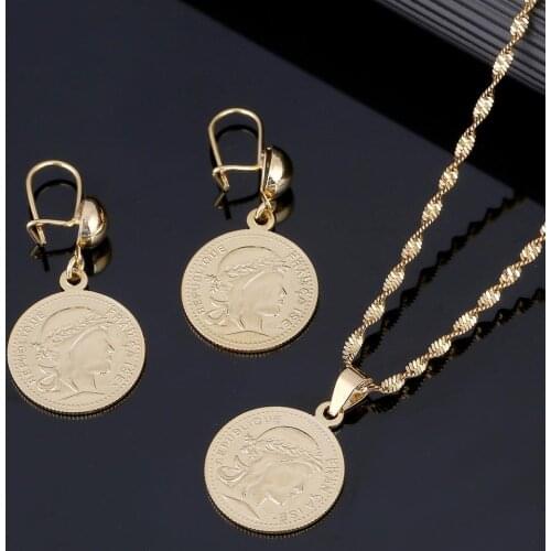 Gold Color Franc Coin Pendant Necklaces Earrings Women Men France Lecoqgaulois Old French Coin Jewelry Set
