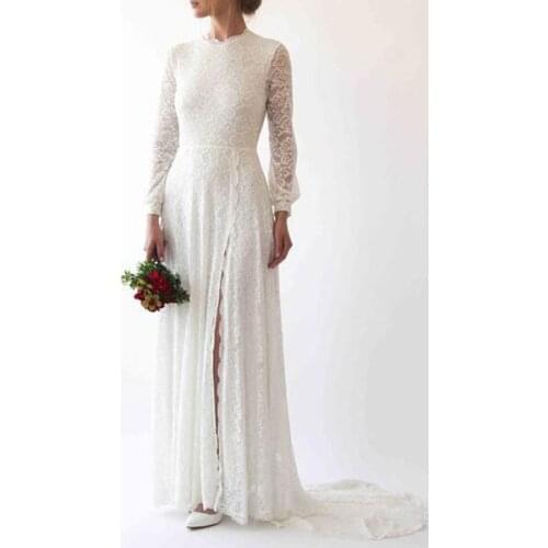 Simple Wedding Dress Lace Jewel Neck Long Sleeves Split Front Sheath With Train Bridal Dresses