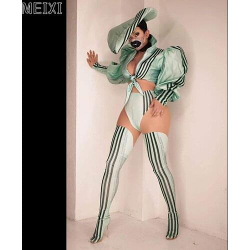 Sexy casual turquoise black striped suit stage performance costume bar concert DJ singer/dancer costume