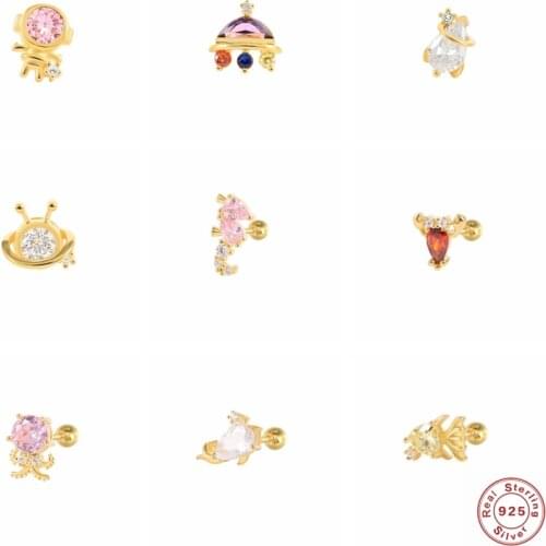 925 Sterling Silver Piercing Pendientes Ocean Series Cute Shrimp Goldfish Dolphin Crystal Stud Earring For Women Earring Jewerly