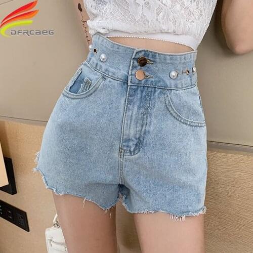 Womens Denim Shorts With Pearl Summer 2020 New Fashionable High Waist Sky Blue Jean Shorts Female Double Buttons Short Femme