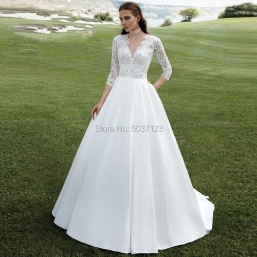 Vestido De Noiva Satin Wedding Dresses A Line Three Quarter V Neck Lace Appliques Cour Train Button Illusion Satin Bridal Gowns