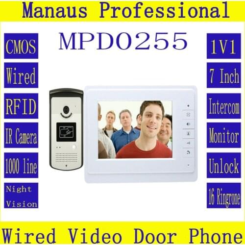 Smarthome 7" Color Video Intercom Door Phone System With 1 White Monitor 1 RFID Card Reader HD IP44 Doorbell 1000TVL Camera D255
