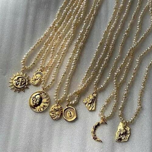 High Quality Natural Freshwater Pearl Necklace With Golden Alloy Pendant Retro Baroque Sun/Moon Embossed Engrave Zircon Necklace