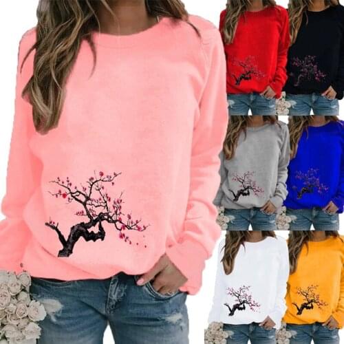 Women Casual Winter Fashion Round Neck Long Sleeve Loose T-shirts Ladies Plus Size Flower Printed T-shirt Pullover Sweatshirts