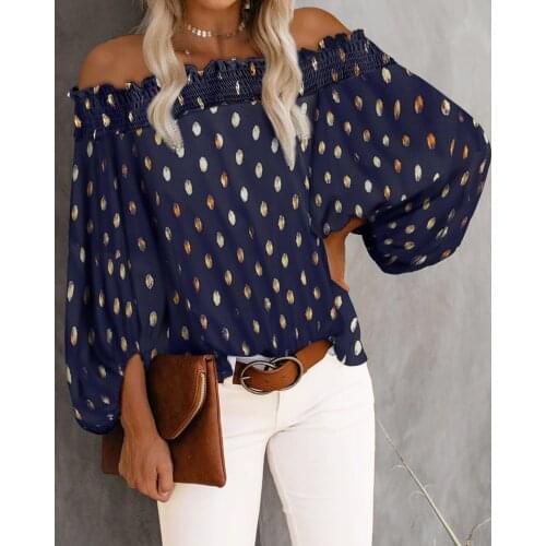 Summer Streetwear Elegant Off Shoulder Studded Polka Dot Loose Long Sleeve Shirts Casual Vintage Ladies Tops Femme Blouses 2021