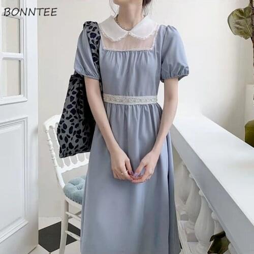 Puff Sleeve Dresses Women Vintage Soft Elegant All-match Fashion Casual Preppy Style Ins Ulzzang Patchwork Holiday Teens Cozy