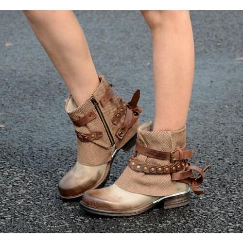 Studs Leather Strap Women Round Toe Ankle Boots Cowboy Style Ladies Med Heel Martin Boots Ankle Buckles Boots Size 42