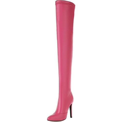 Elastic Over The Knee Boots Women Sexy High Heels Shoes Ladies Thigh High Boot Pointed Spring Leather Long Stripper Shoes Female