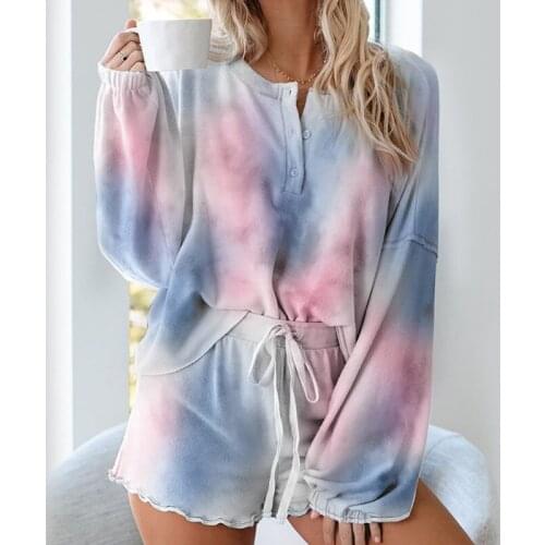 Tie-dye Pajamas Suits For Women Two-piece Sleepwear Suit Loose Casual Long-sleeved Top Shorts Home Wear Set
