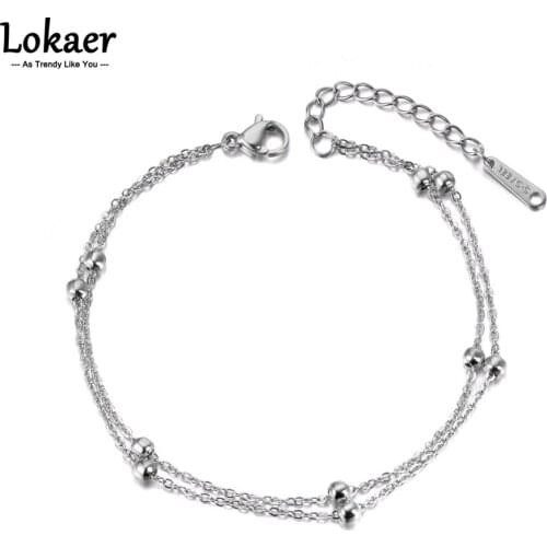 Lokaer Trendy Double Layers Round Beads Charm Bracelet Jewelry Rose Gold Stainless Steel Chain & Link Womens Bracelet B19051
