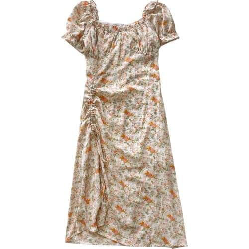 Drawstring summer romantic slash neck backless retro puff sleeve waist oil painting floral split dress
