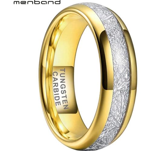Gold Wedding Band Women Tungsten Ring With Bright White Meteority Inlay 6MM Comfort Fit