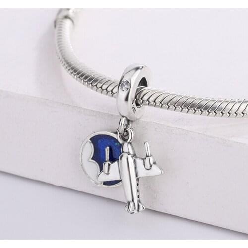 925 Sterling Silver Bail Blue & White Enamel Disc To Travel Propeller Plane Dangle Pendant Charm Bracelet DIY Jewelry Making