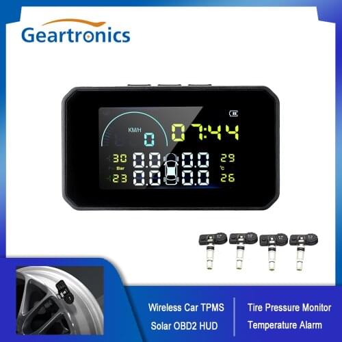 Wireless TPMS OBD II HUD Solar Tire Pressure Monitor &Tyre Temperature Alarm Speedometer Fuel Consumption Gauge Internal Sensors
