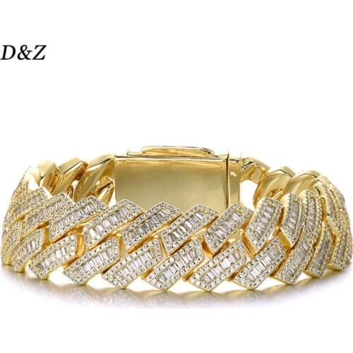 D&Z New 21mm Iced Out Baguette Prong Cuban Link Bracelet In Gold Box Buckle Fashion Miami Cuban Chain Bracelet Hip Hop Jewelry