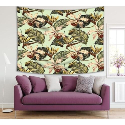 Tapestry Exotic Jungle Leaves Orchid Bird Of Paradise Flower Natural Hawaiian Style Vintage Floral Pattern Printed