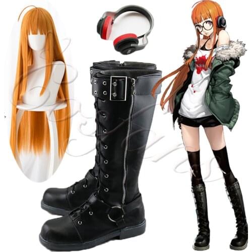 Game Persona 5 Futaba Sakura Cosplay Costume shoes boots Yellow wigs glasses Women Girls Halloween Full Set Headphone props New