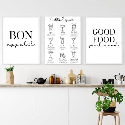 Cocktail Good Food Good Mood Bon Quotes Wall Art Canvas Painting Poster Black And White Print Wall Pictures Kitchen Room Decor