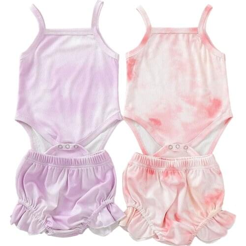 Baby Girls Tie-dye Clothes Set, Sleeveless Square Collar Sling Romper + Short Pants with Ruffles
