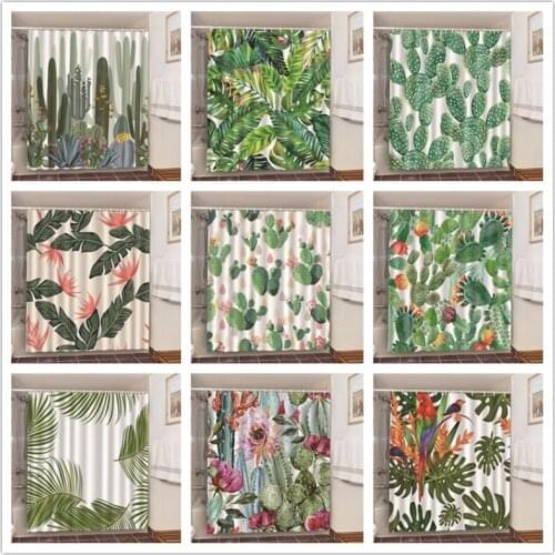 Nordic Style Cactus Bathroom Set With Shower Curtains Green Plant Palm leaves Bath Decoration Blackout Screen Home Decor Curtain