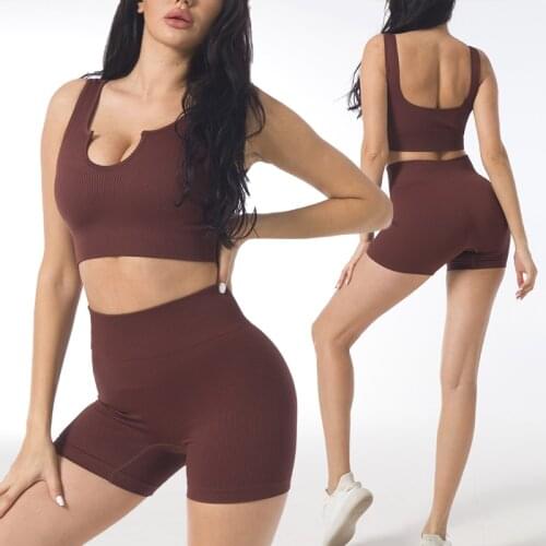 2 pieces of womens seamless gym clothes yoga sports U-shaped bra tight shorts leggings workout sexy sportswear sports suit
