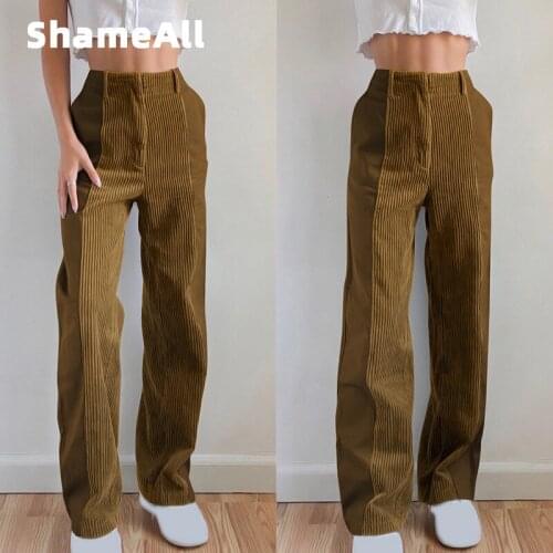 Brown Corduroy Pants Women Harajuku Patchwork Cargo Pants Y2K E-Girl Trousers Autumn Winter High Waist Pants 90S Streetwear New