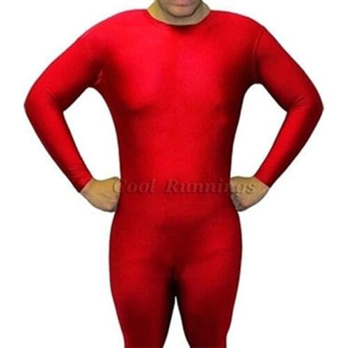 Round Neck Red Adult Kid Size Unisex Spandex Bright 2nd Skin Zentai Costumes Bodysuit Unitard leotard No Hood & Hands