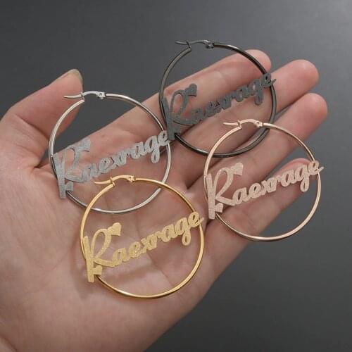 Fashion 30mm-100mm Custom Hoop Earring Stainless Steel Rose Gold Personalized Name Earrings Wedding Bridesmaid Gifts