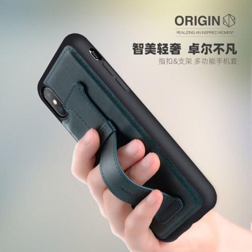 Real Genuine Leather Back Cover For iPhone X XS Max 5.8 6.5 Soft Black Rubber Silicone Case Finger Holder Handle Midnight Green