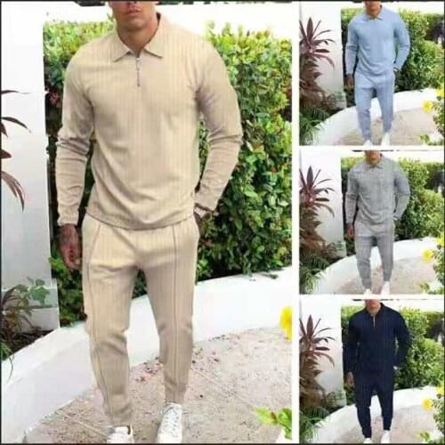 2021New Autumn ManLapel Zipper Solid Color Sport Slim Casual Suit Mens Long Sleeve Top and Drawstring Pants Fashion 2 Piece Set