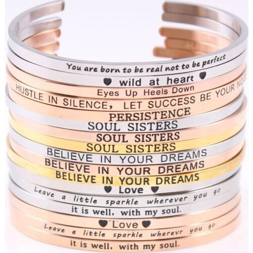New Arrival! Rose Gold Stainless Steel Engraved Positive Inspirational Quote Stamped Cuff Mantra Bracelet Bangle For Women
