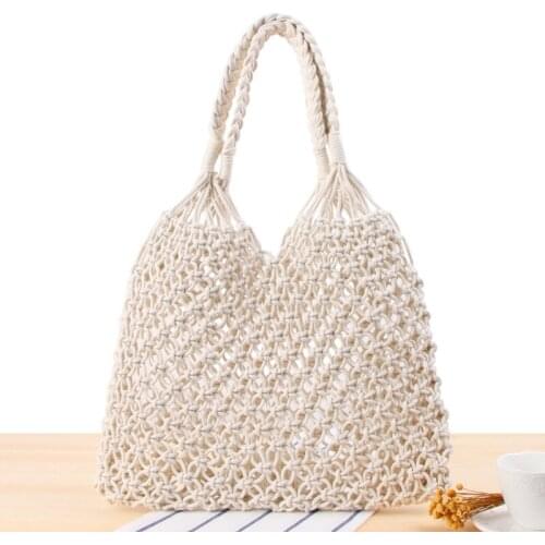 New Solid Color Shoulder Woven Bag Tide Straw Woven Bag Degree Handmade Cotton Rope Net Bag Beach Bag